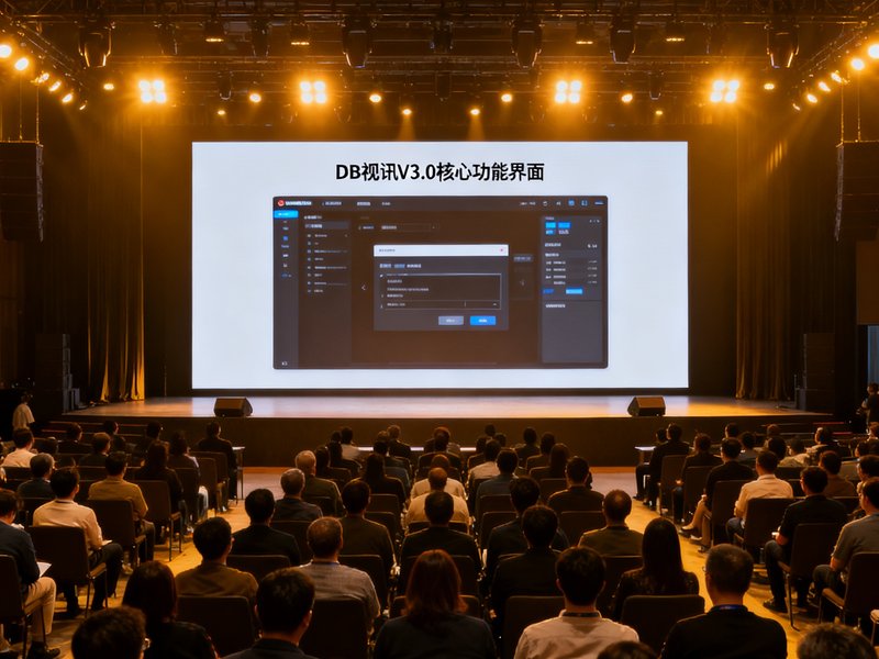 DB视讯V3.0版本发布活动现场照片，舞台大屏幕展示新版本核心功能界面，台下坐满参会者