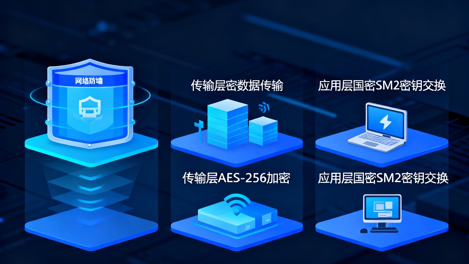 DB视讯数据加密防泄密多层安全防护体系示意图，由外到内展示网络层防火墙、传输层AES-256加密、应用层国密SM2密钥交换、以及终端水印追溯四道防线