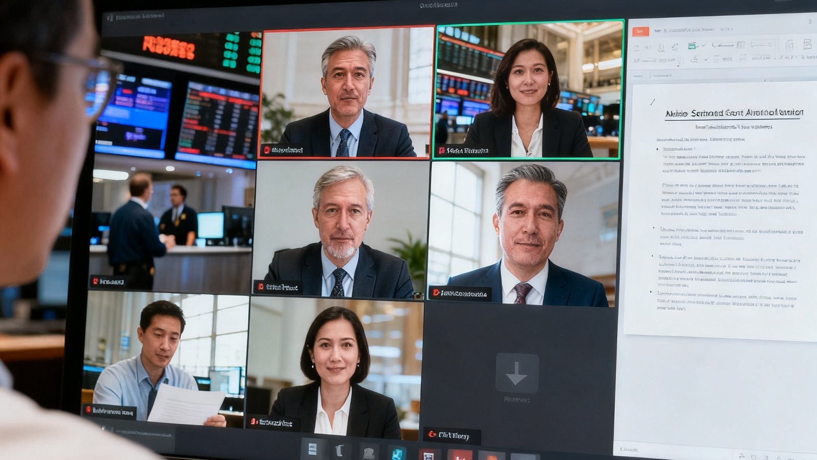 金融行业远程合规会议场景实拍，屏幕中显示多窗口视频会议界面，参会者正在审阅加密共享文档，背景为证券公司交易大厅