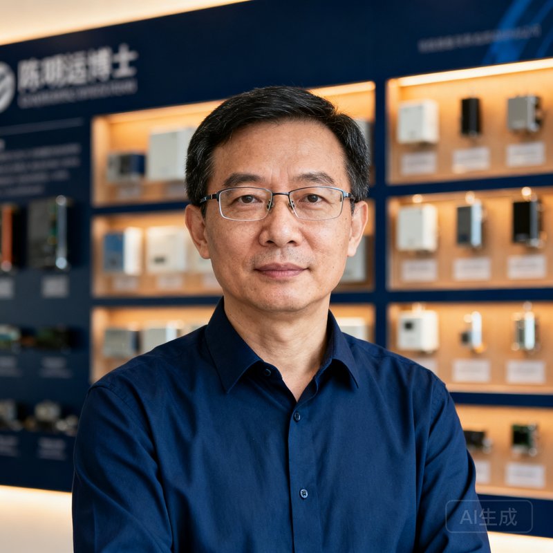 DB视讯创始人兼CEO陈明远博士的职业肖像照，背景为公司产品展示墙，人物约45岁戴眼镜着深蓝衬衫，神情专注自信
