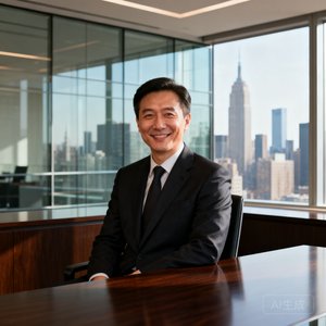 某头部券商技术总监张先生的职业肖像照，背景为现代化金融办公室，人物着深色西装面带微笑