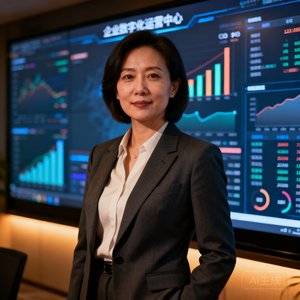 某跨国制造企业CIO李女士的职业肖像，背景为企业数字化运营中心大屏，人物着干练商务装